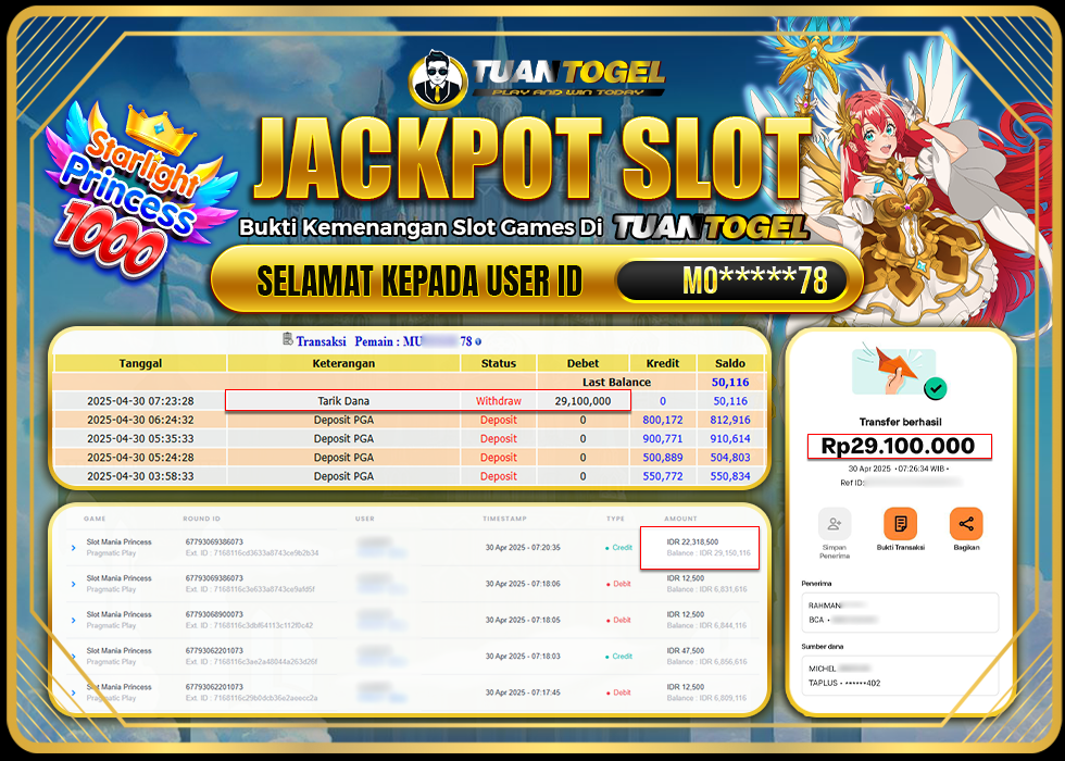 TUANTOGEL JACKPOT SLOT STARLIGHT PRINCESS 1000 Rp29.100.000